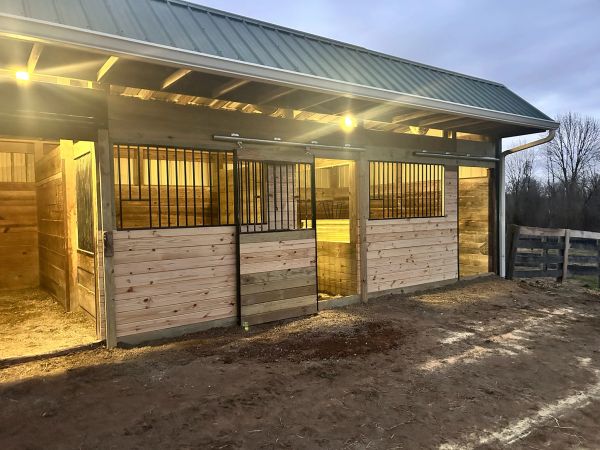 Exterior view of a well-lit horse stable with wooden and metal construction.