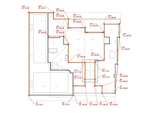 Architectural floor plan with elevation points marked in red.