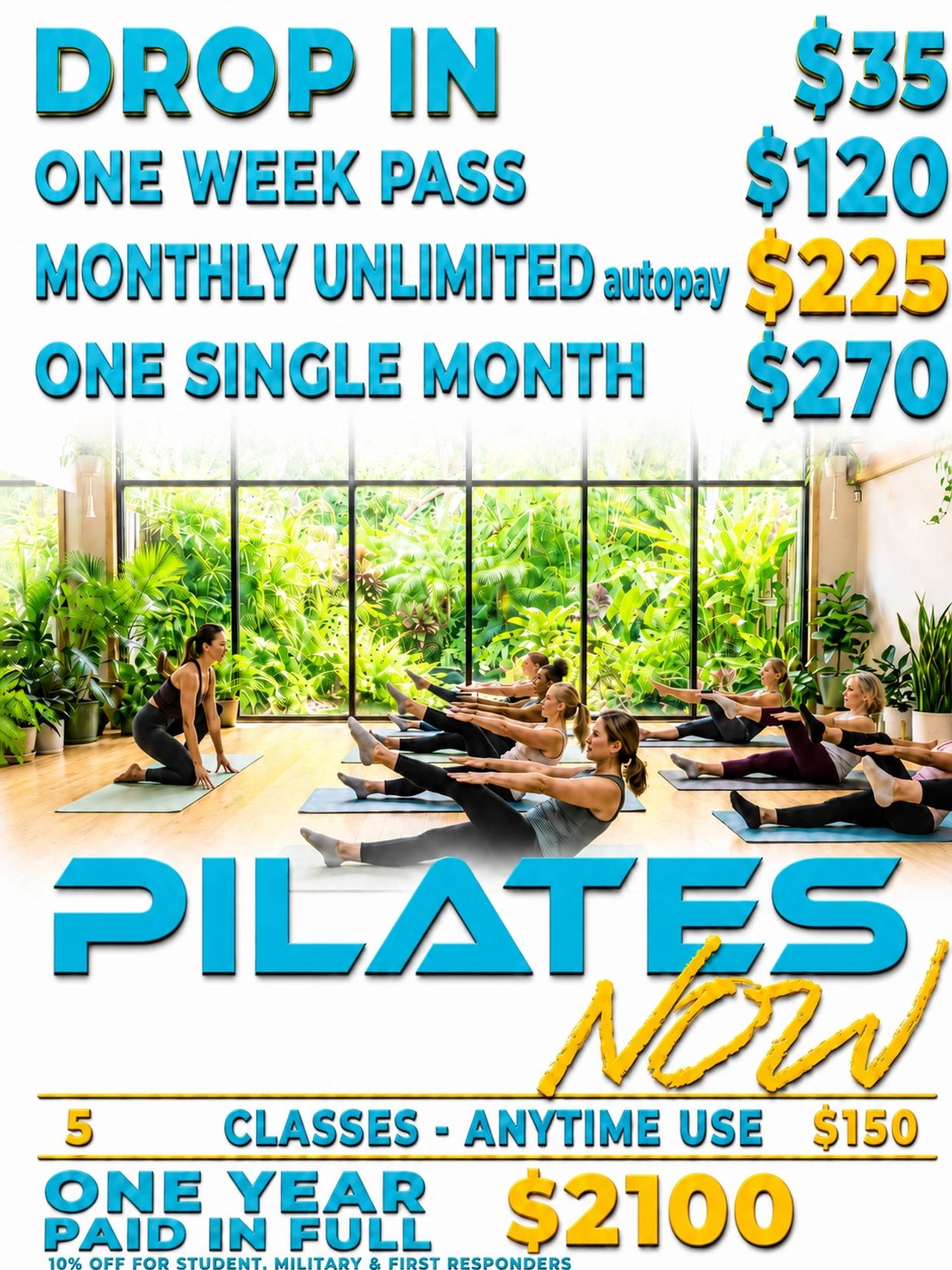 Pilates class pricing with drop-in, weekly, monthly, and yearly options.