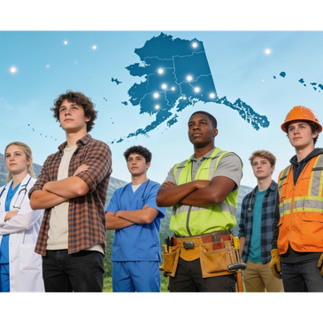 Diverse young professionals stand confidently with Alaska map in background.