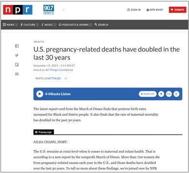 Dr Zsakeba Henderson guest on NPR All Things Considered Segment: "U.S. pregnancy-related deaths have