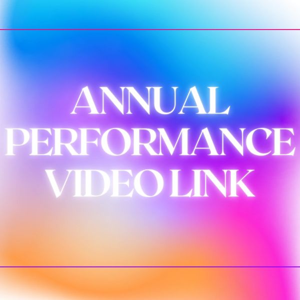 Colorful background with text announcing an annual performance video link.