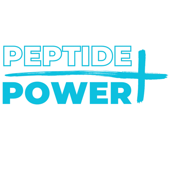 Logo with the words 'PEPTIDE POWER' in blue with a plus sign