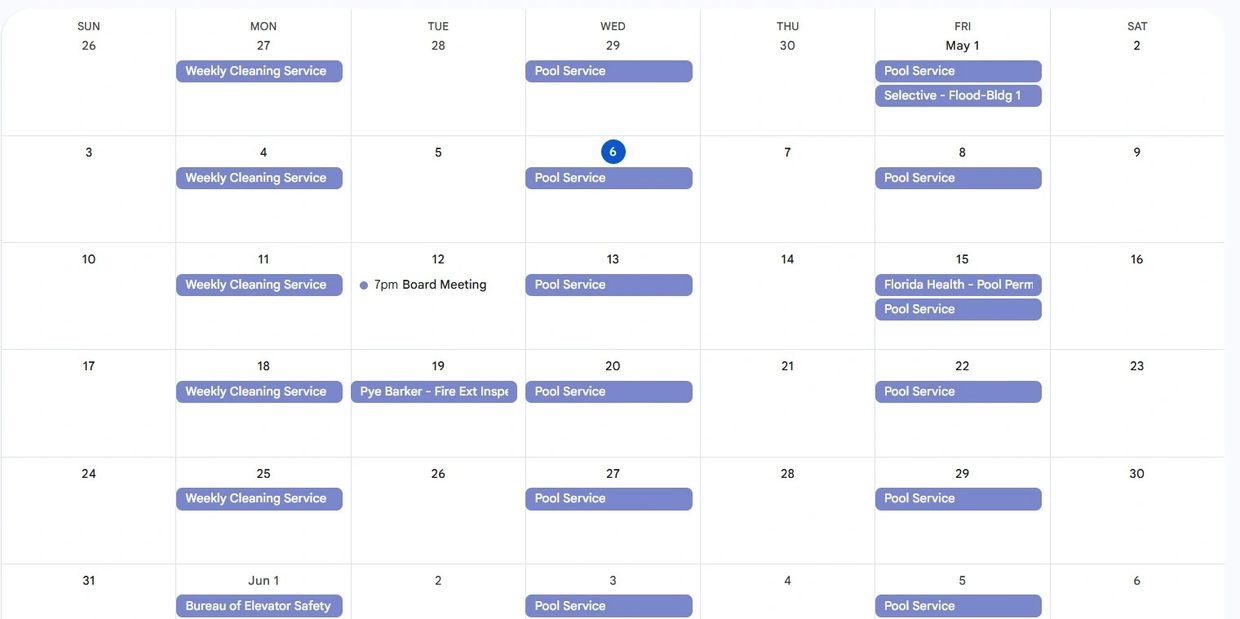 Calendar showing weekly cleaning and pool service schedules for May.