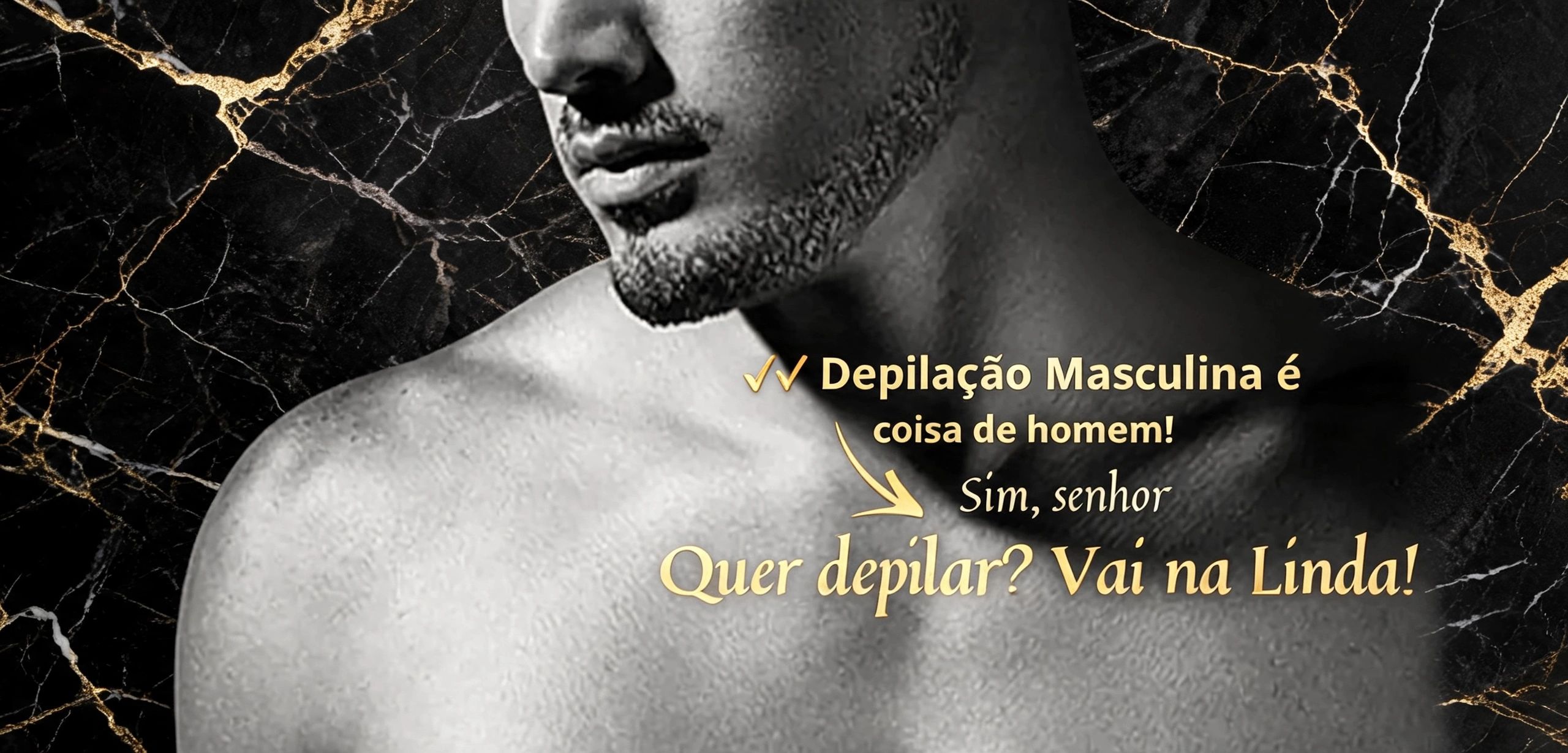 Depilação masculina promovida com estilo e design elegante de fundo preto.