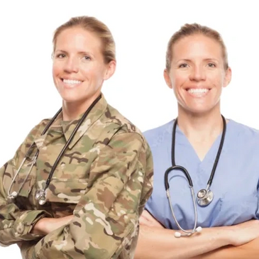 One woman in a side by side photo, with a military and civilian doctor uniform.