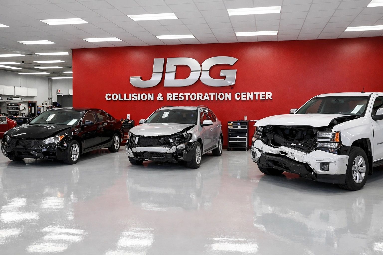 Damaged cars inside JDG Collision & Restoration Center ready for repair.