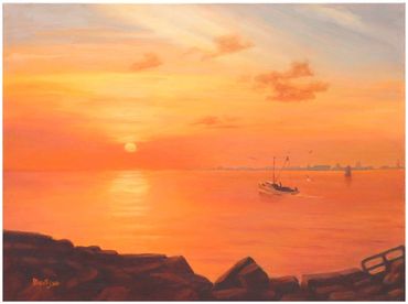 "Sunrise at Hampton Roads," oil, 30 x 40"