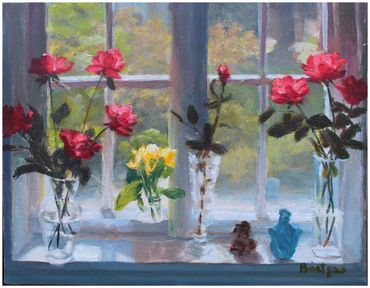 "Windowsill of Flowers," oil, 11 x 14"