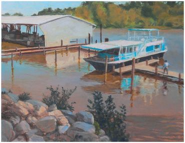 "Blue Houseboat, James River," oil, 11 x 14"