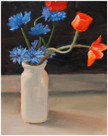 "Wild Poppies with Bachelor Buttons," oil, 14 x 11"
