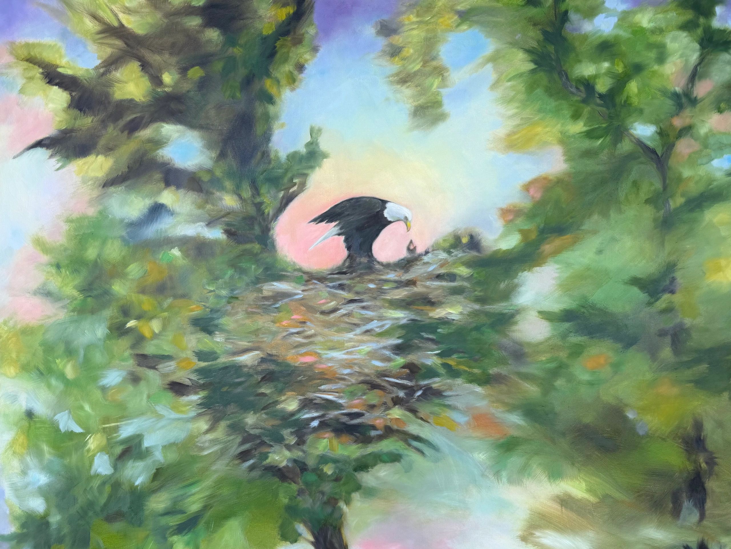 painting of eagle feeding an eaglet