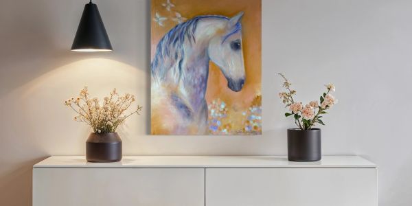 gray stallion painting hung on a wall