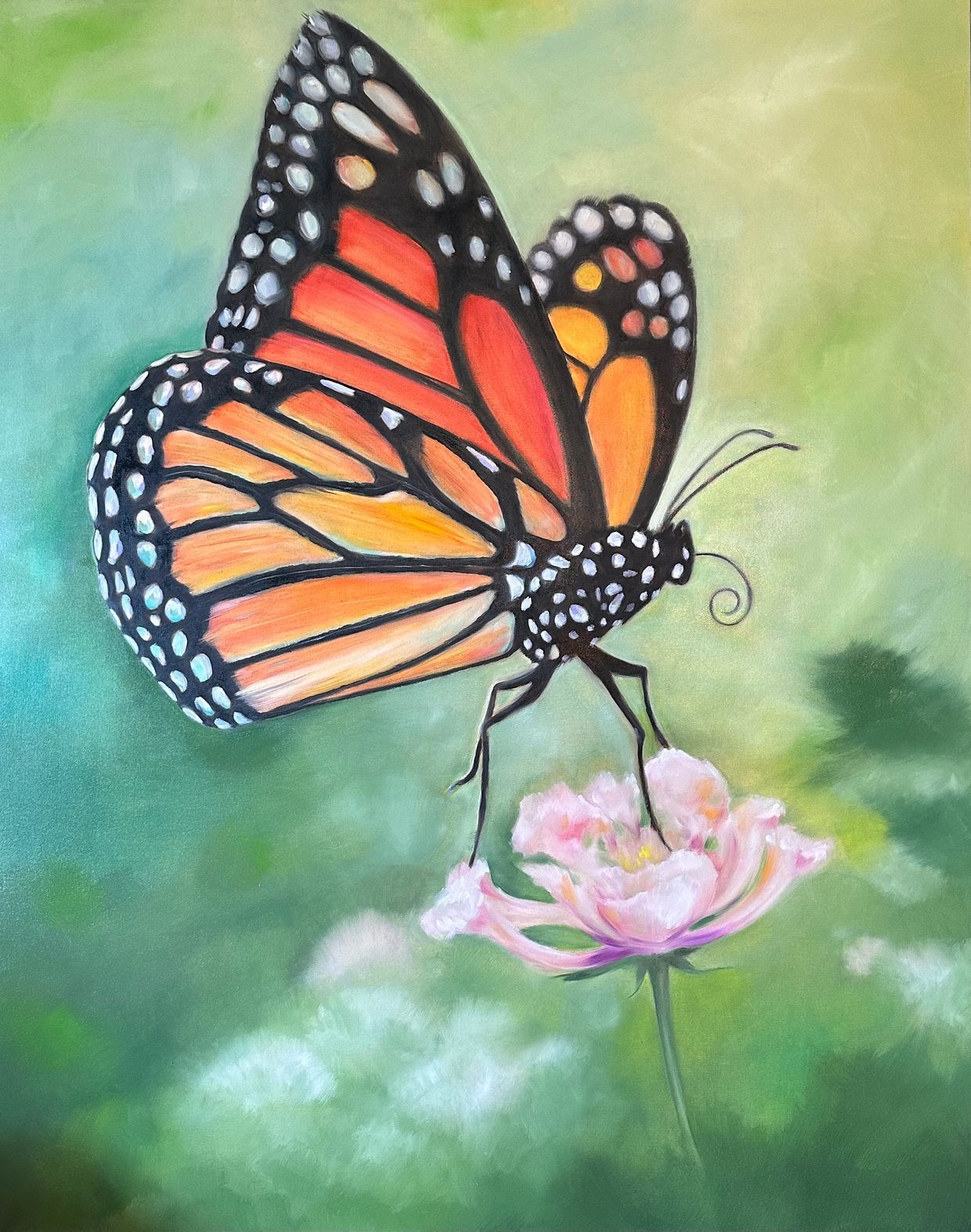 A vibrant monarch butterfly perched on a delicate pink flower.