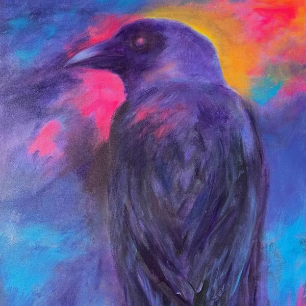 Dark raven against a colorful mystical night painted by artist lisa fasulo