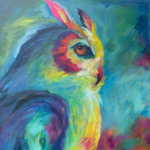 Colorful expressionistic painting of an owl by artist lisa fasulo