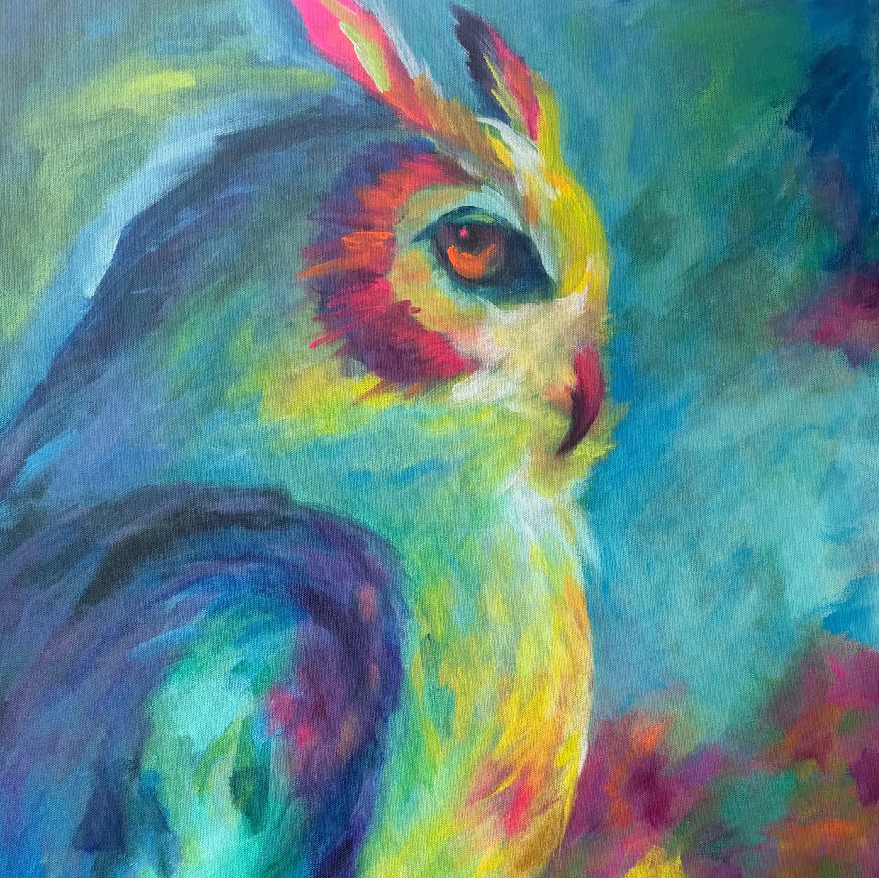 Psychedelic owl painted on a canvas by artist lisa fasulo