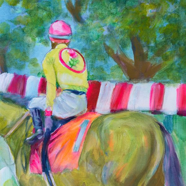 Painting of a jockey on a horse with a green and pink outfit.