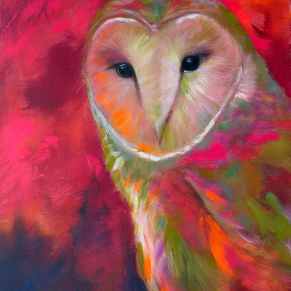 Moody barn owl painted by expressionist artist lisa fasulo