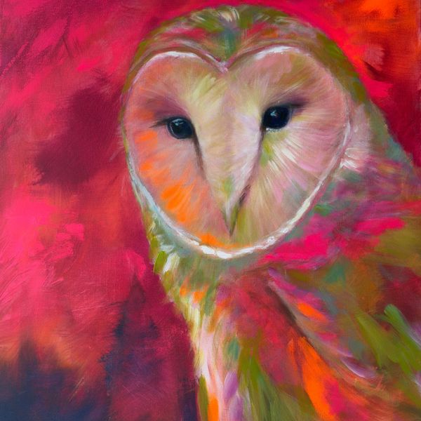 Colorful painting of a barn owl on a red background by artist lisa fasulo