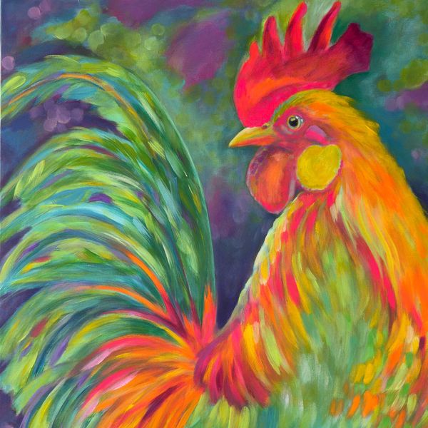 colorful rooster painted by artist lisa fasulo