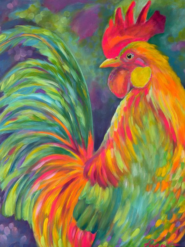 Colorful abstract painting of a rooster by artist lisa fasulo