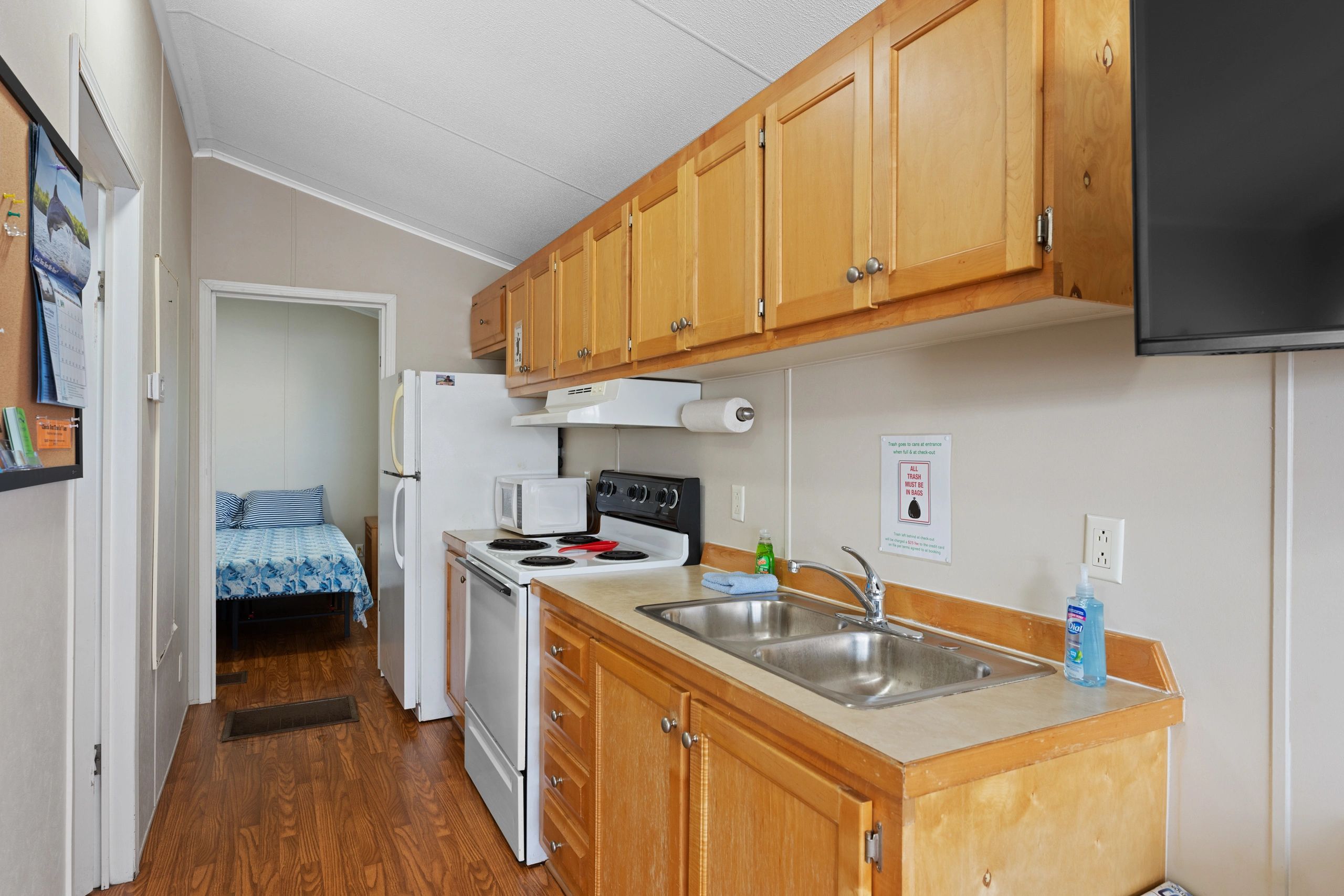 Trout cabin galley style kitchen with full size appliances