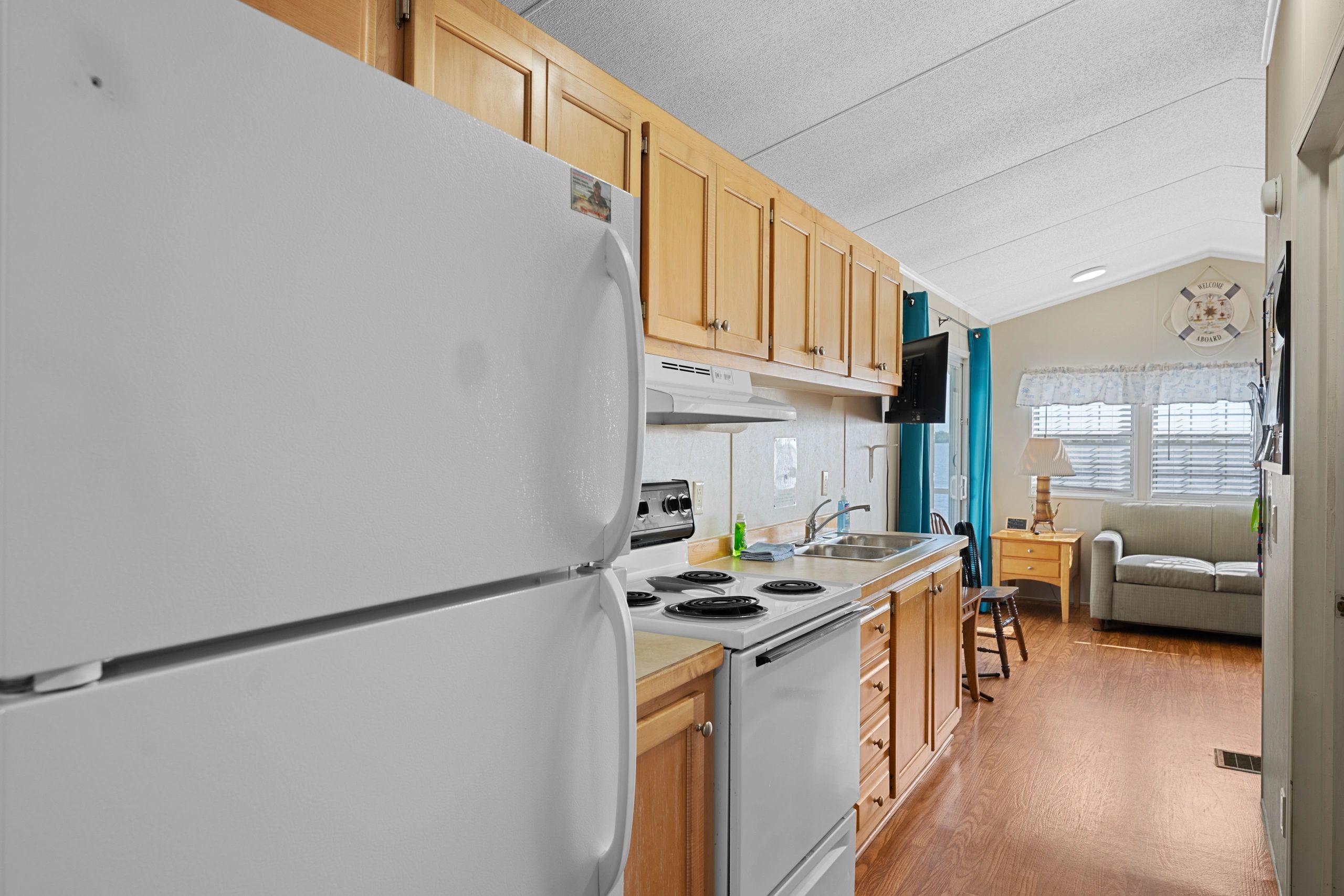 Trout cabin galley style kitchen with full size appliances