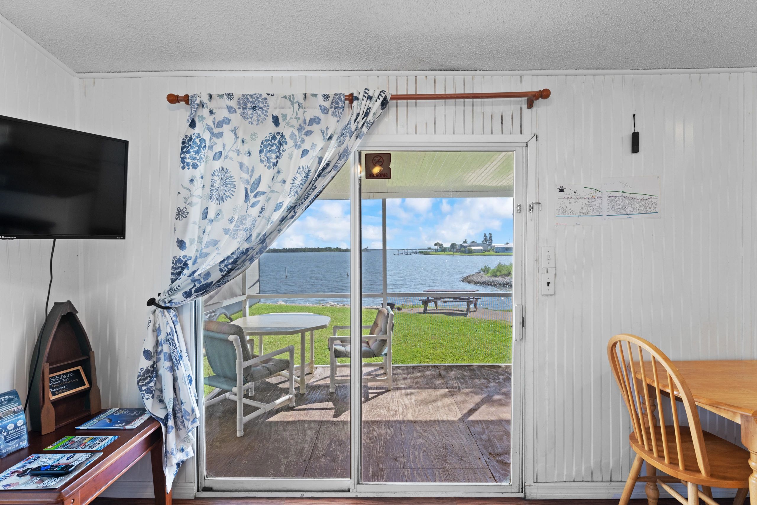 Snook cabin waterfront view from inside living room