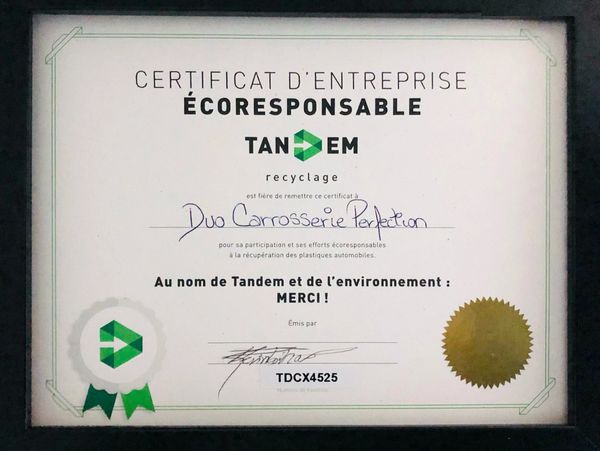 Certificat d'entreprise écoresponsable de Tandem recyclage.