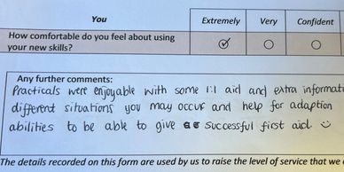 Feedback form about comfort using new skills with positive comments on practicals and support.