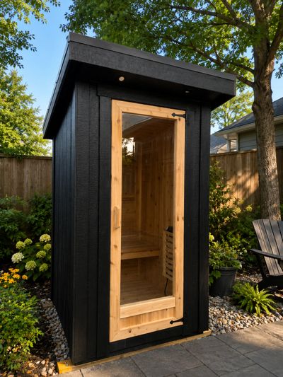 A modern black outdoor sauna with a wooden door in a garden.