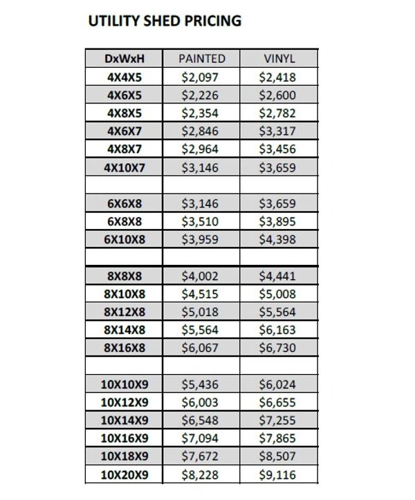 Price list for utility sheds in various sizes with painted and vinyl options.