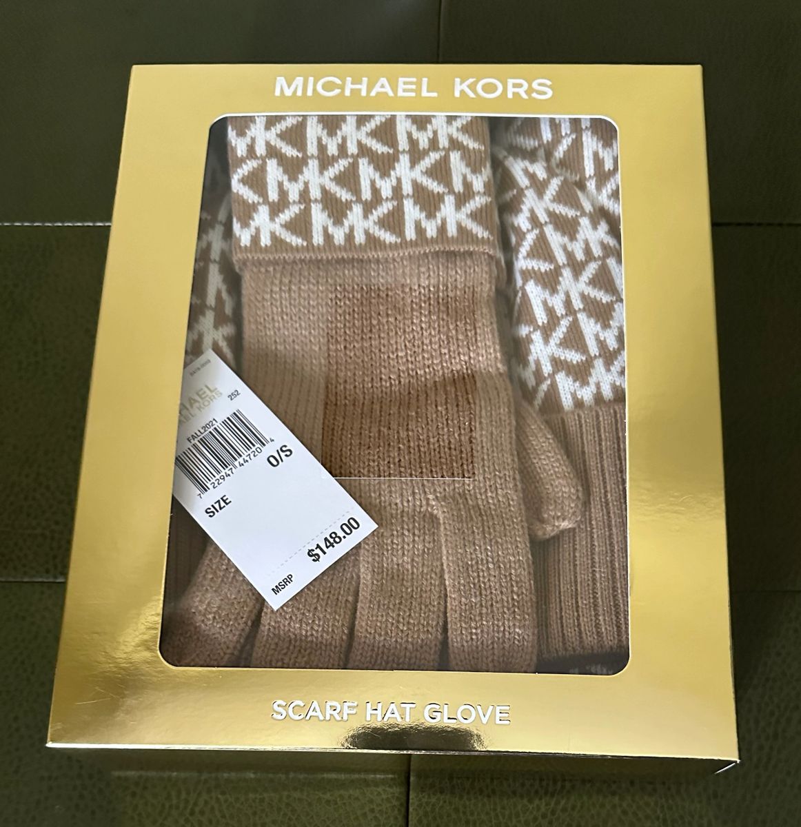 Michael Kors Scarf, Hat and Glove Gift Set - Tan Initials; Style # 539240C