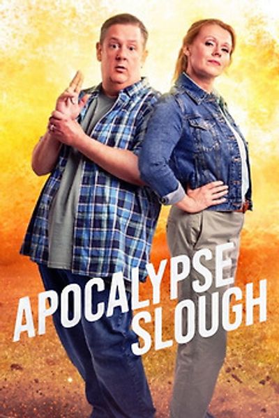 Two people posing back-to-back with 'Apocalypse Slough' title.