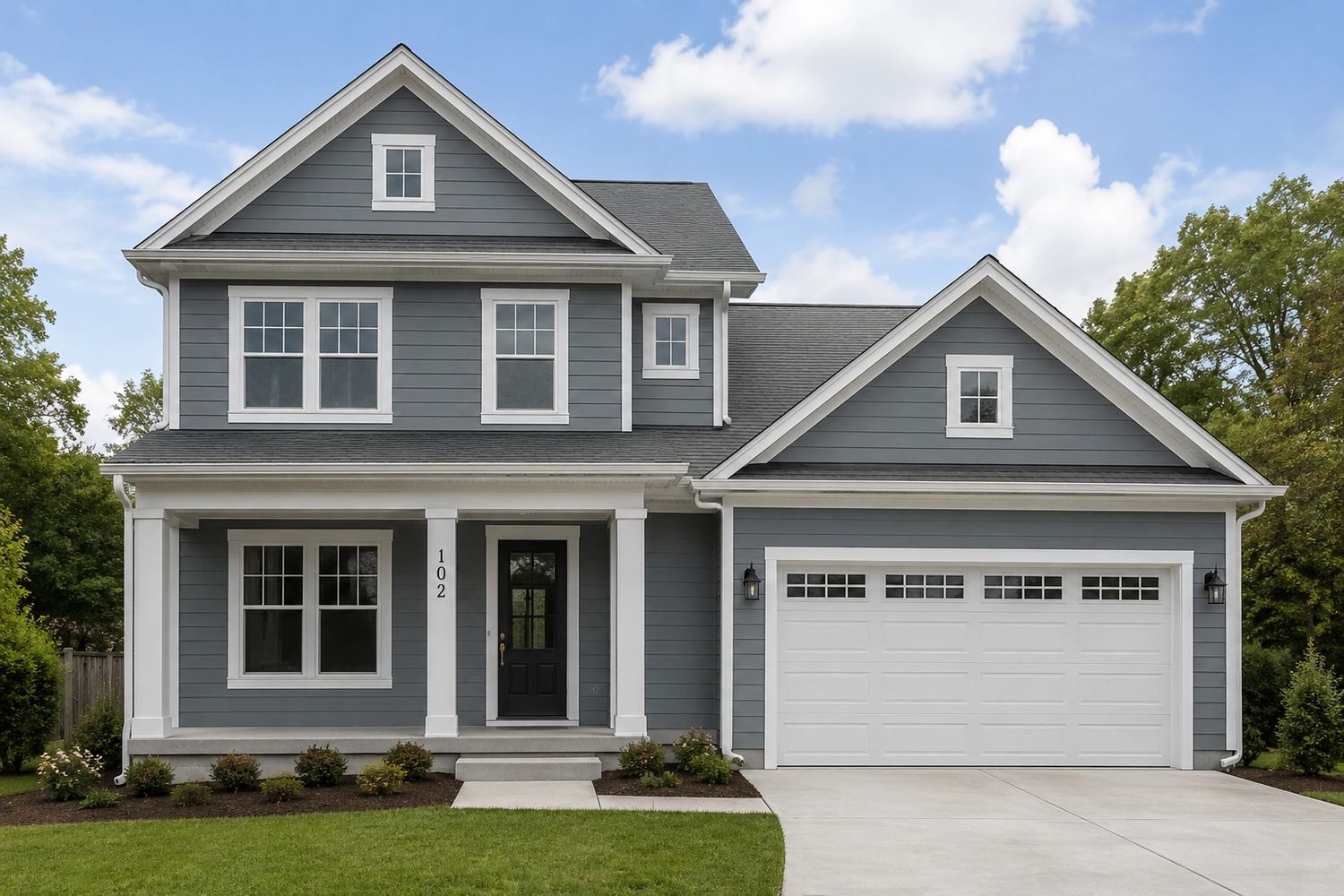 Modern two-story exterior paint gray house with white trim in Sacramento.