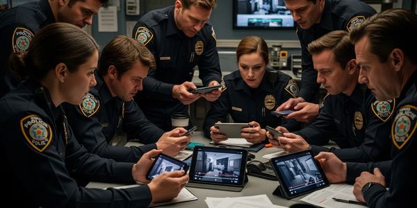 Police officers gathered around a table, analyzing surveillance footage on multiple tablets and phones.