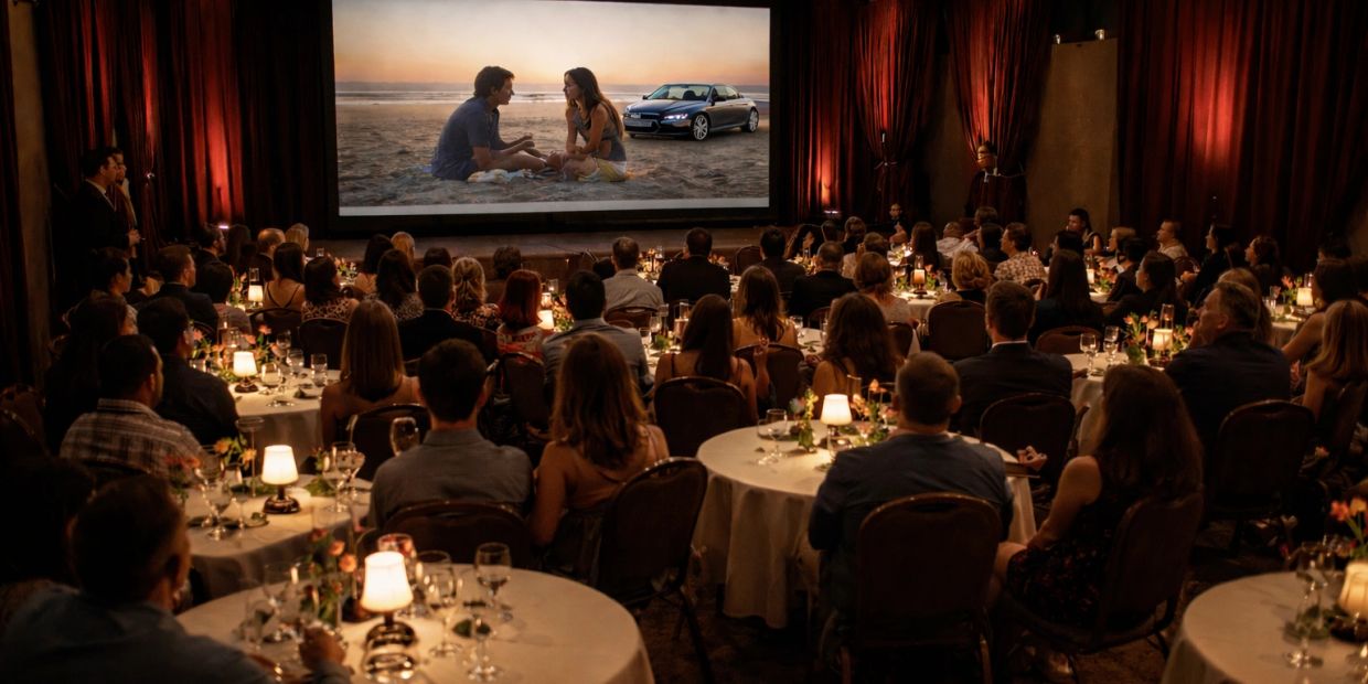 Audience watching a movie at a candle-lit dinner event.