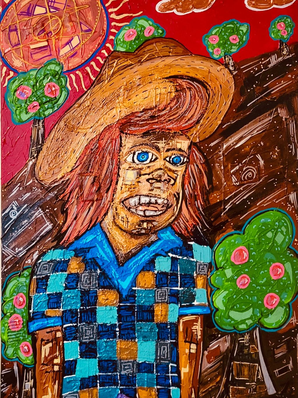 Farm Worker by Juan Galindo 24”x36”
Canvas. Acrylic markers, board, glue. 
$499 Original art
