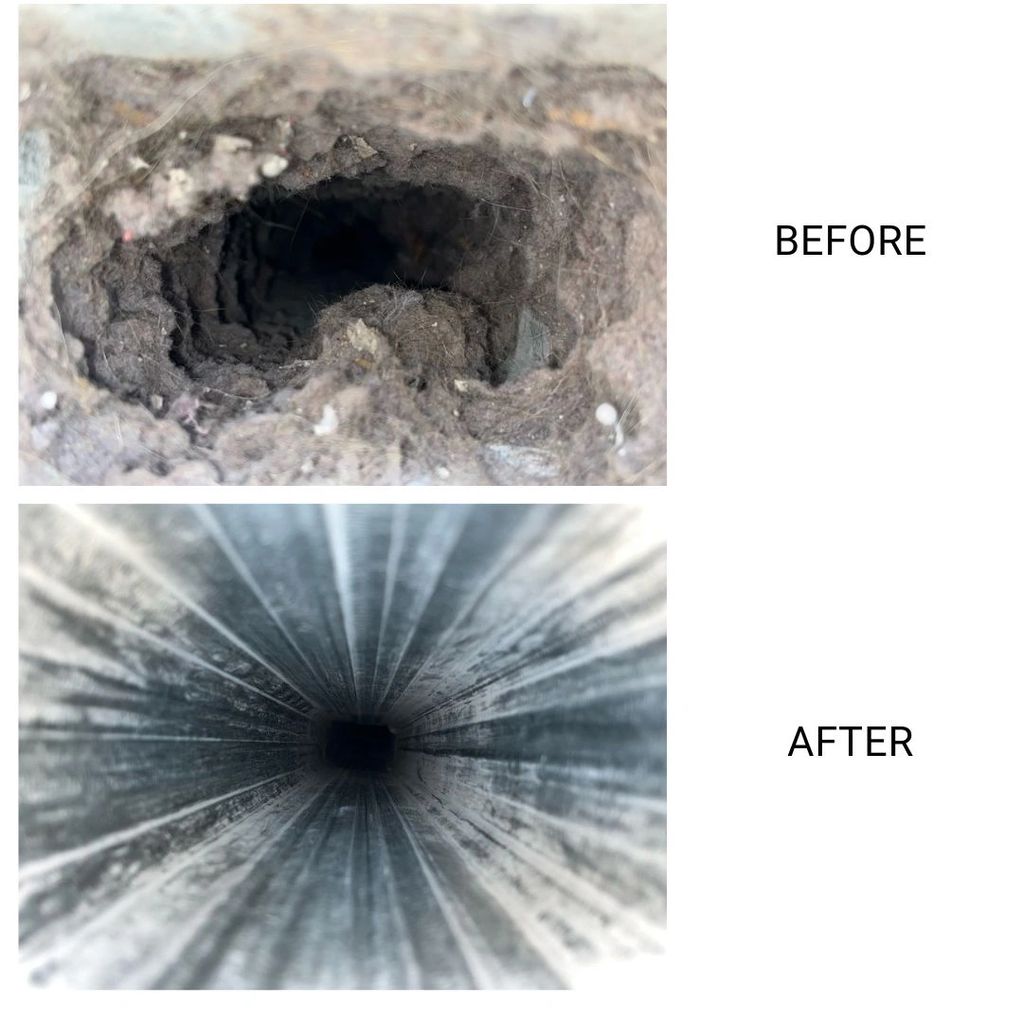 Before and after photos of a very dirty dryer vent. 