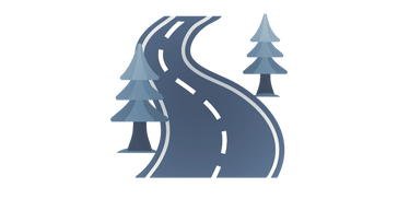 Light blue curved road graphic with a tree graphic on each side.