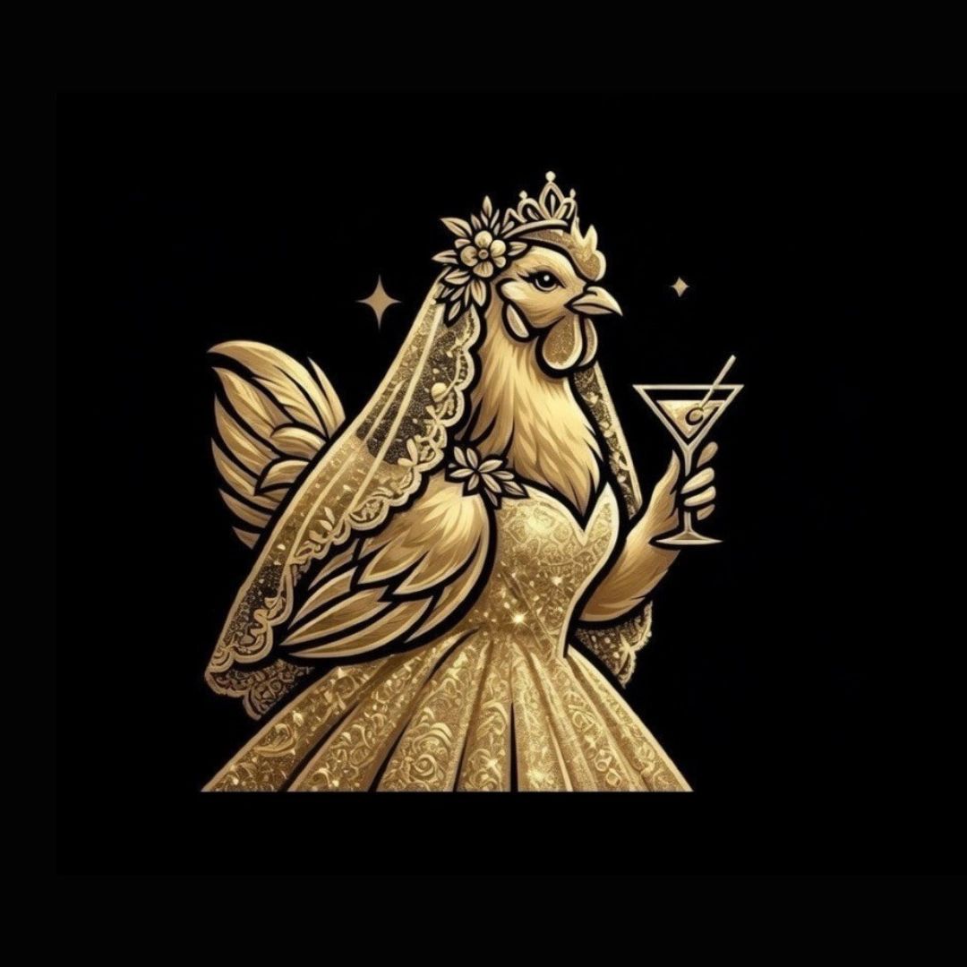 A golden hen dressed as a bride holding a cocktail glass.