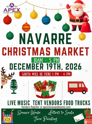 Navarre Christmas Market on December 19th, 2026, 10 AM to 5 PM with Santa visiting.