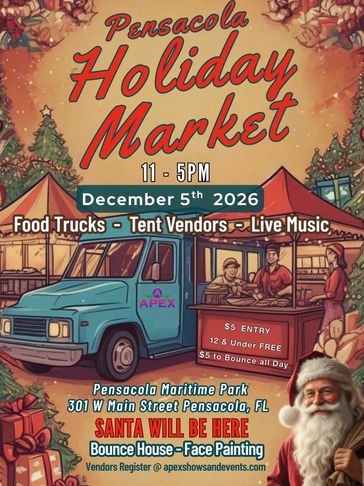 Pensacola Holiday Market event details featuring food trucks and Santa.