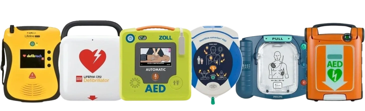 Various automated external defibrillators (AEDs) in different designs and colors.