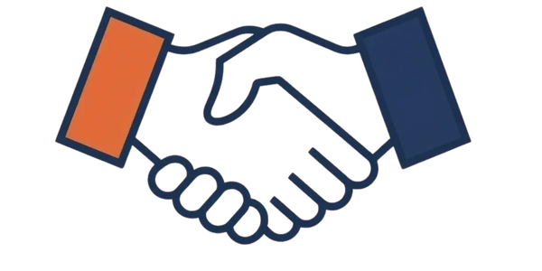 Illustration of a handshake with orange and blue sleeves representing partnership between REASONER CPA, LLC and clients.