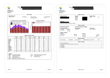 Two-page project report with performance data and summary details.