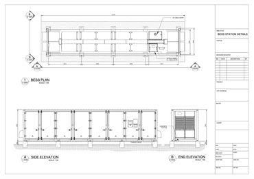 Technical drawing showing BESS station plan and elevations with dimensions.