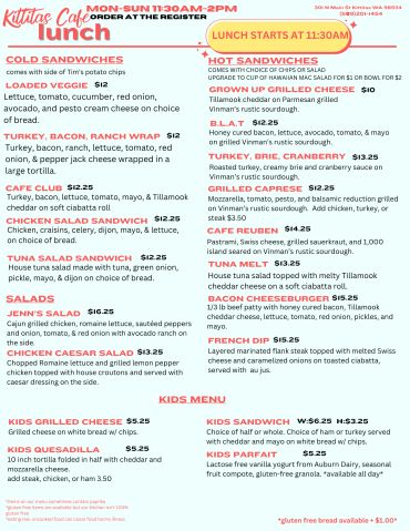 Kittitas Cafe lunch menu with cold sandwiches, hot sandwiches, salads, and kids menu options.