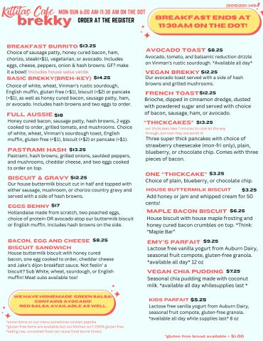 Kittitas Cafe breakfast menu with various savory and sweet options.